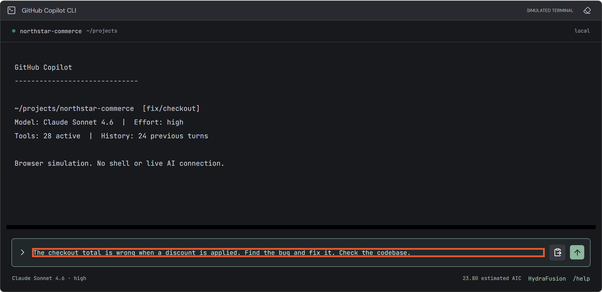 For manual commands, type in the single-line input at the bottom, not in the dark output area.