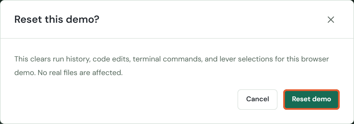 Reset confirmation: clears local runs, edits, terminal entries, and lever selections.