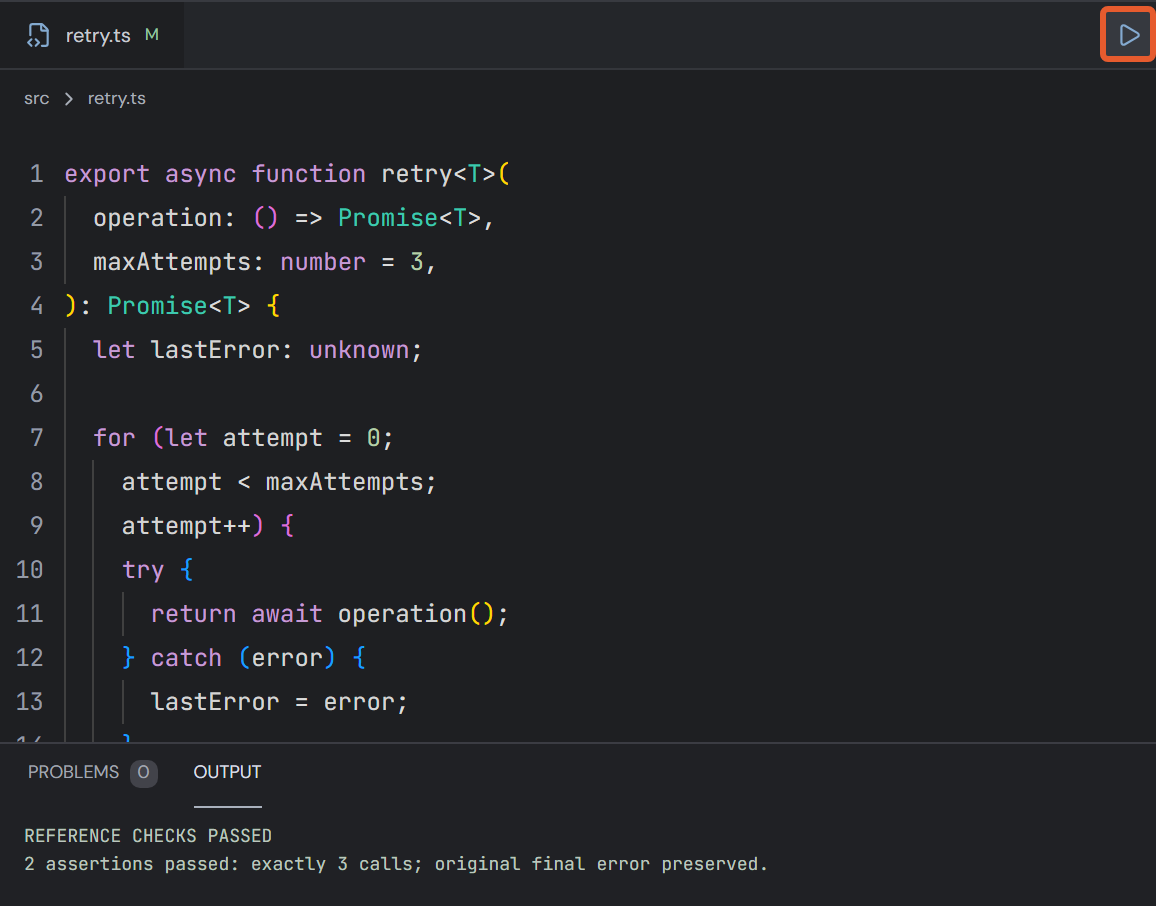 Reference patch applied; OUTPUT shows the expected assertions.