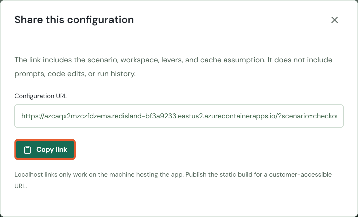 Share dialog: Copy link copies the current configuration URL.