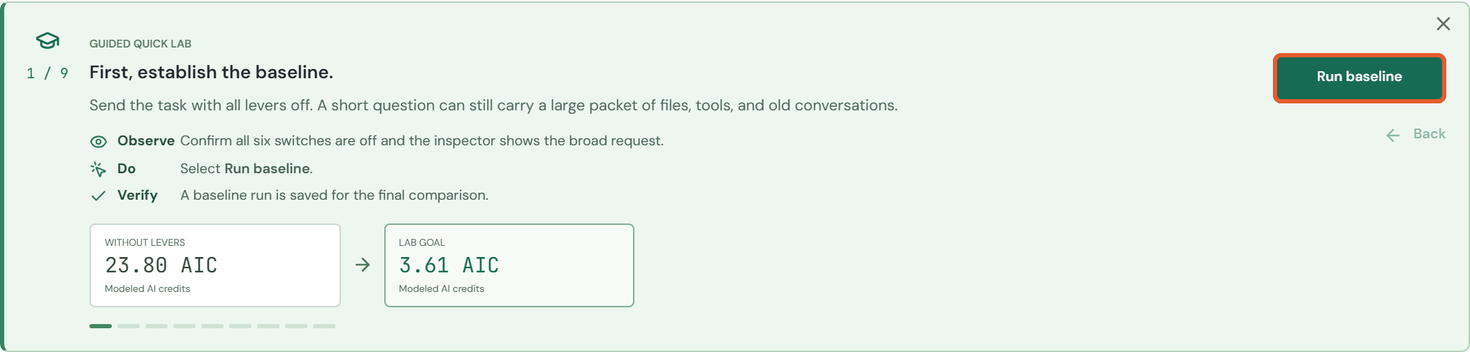 Guided route: task 1 / 9, before clicking Run baseline.