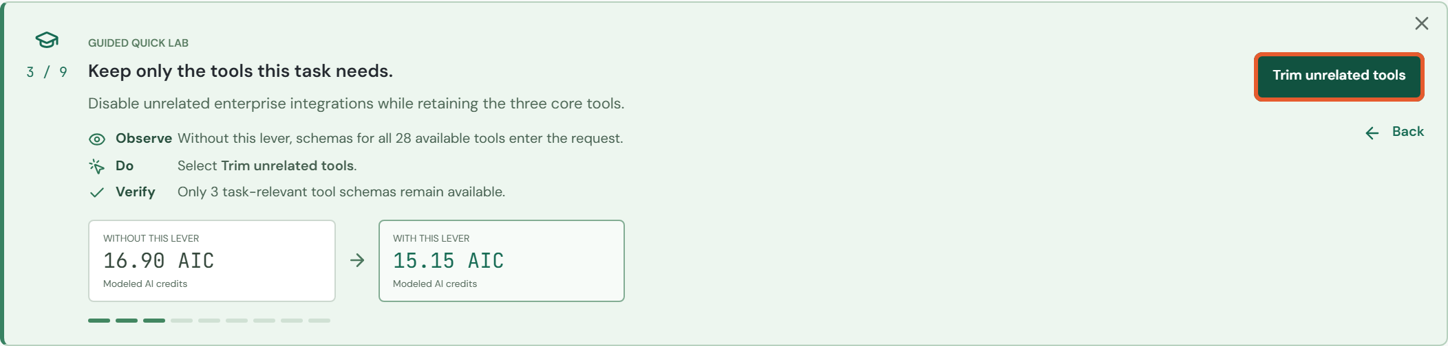 Guided route: task 3 / 9, before clicking Trim unrelated tools.