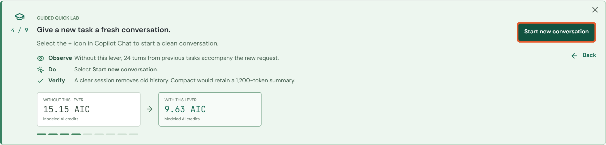 Guided route: task 4 / 9, before clicking Start new conversation.
