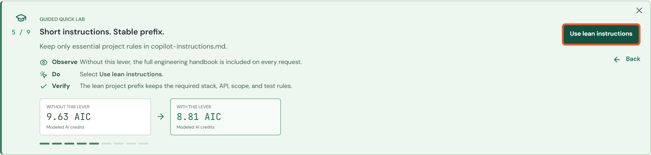 Guided route: task 5 / 9, before clicking Use lean instructions.