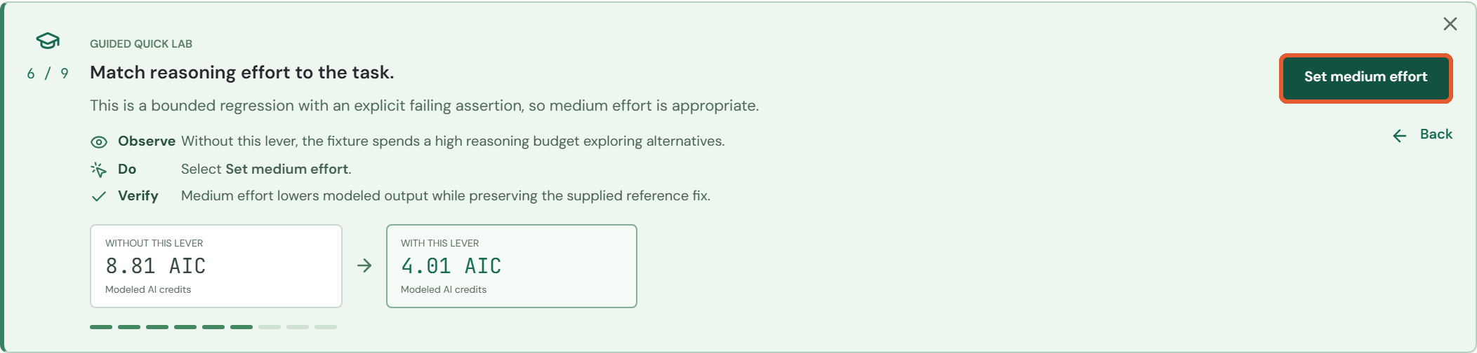 Guided route: task 6 / 9, before clicking Set medium effort.