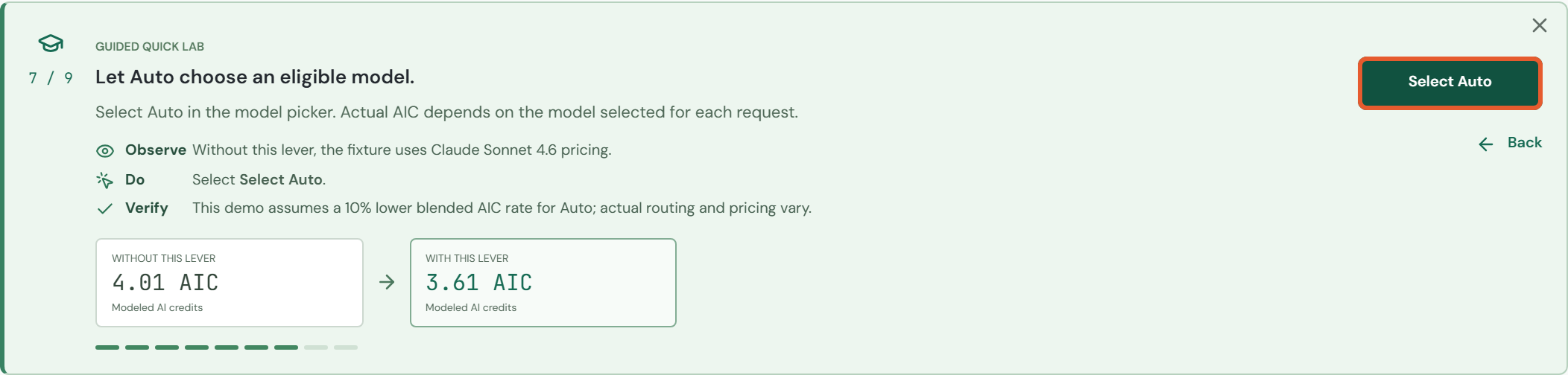 Guided route: task 7 / 9, before clicking Select Auto.