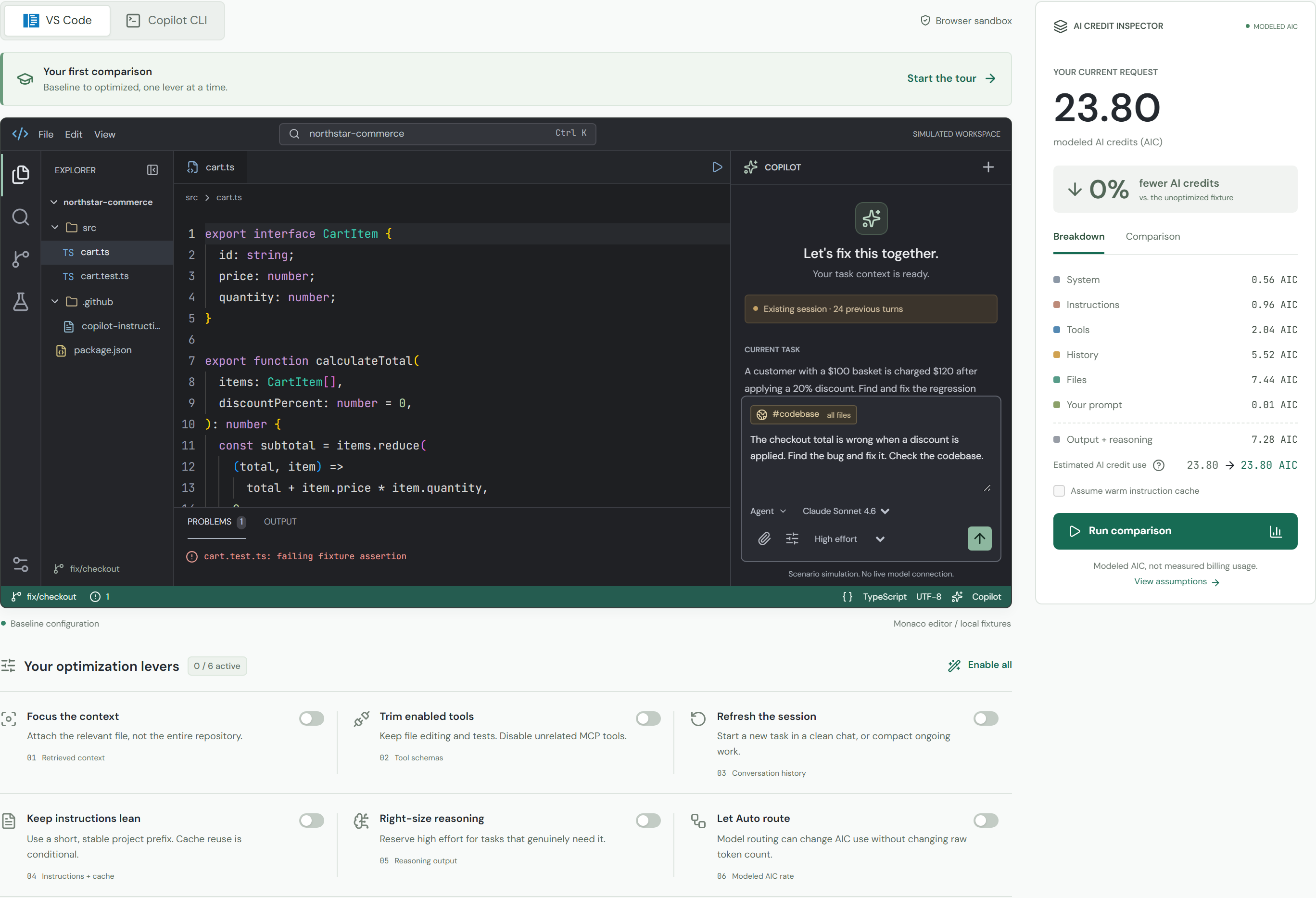 The simulator showing a VS Code-style workspace, AI credit inspector, and optimization controls.